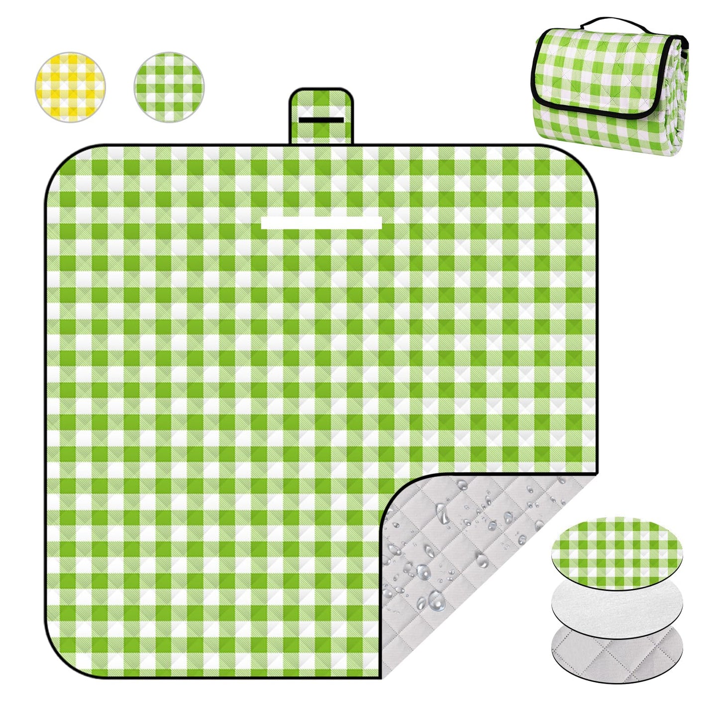 XEHAHOSH 78.7''x78.7'' Extra Large Picnic Beach Blankets, 3 Layers Plaid Waterproof Thickened Foldable Camping Blanket, All-in-one Portable Mat, Suitable for Park, Camping, Outdoor Indoor, Green