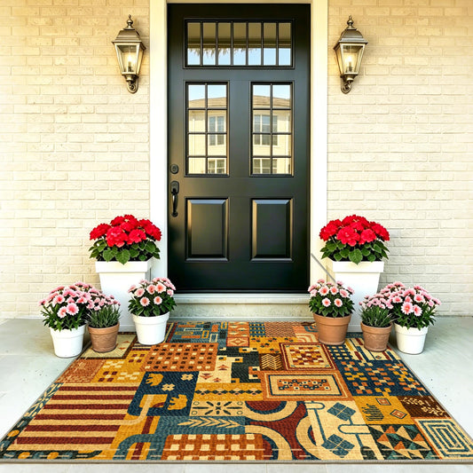 Quntue Easy Jute Front Porch Rug 3x5 Washable Farmhouse Patchwork Tan Rugs for Entryway Non Slip Southwestern Boho Indoor Outdoor Carpet for Patio, Kitchen, Bedroom, Entrance