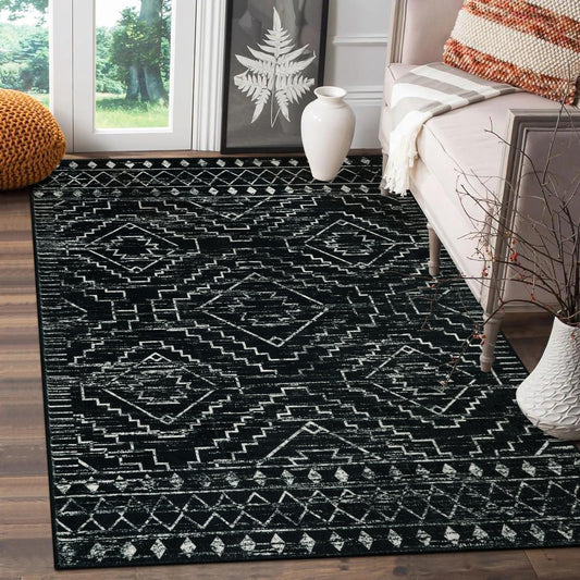 Wonnitar Moroccan 3x5 Rug, Black Washable Small Rug for Bedroom, Non-Slip Geometric Tribal Entry Throw Mat, Boho Farmhouse Rustic Soft Low Pile Area Rug for Bathroom Dining Guest Room (Black,3'x5')