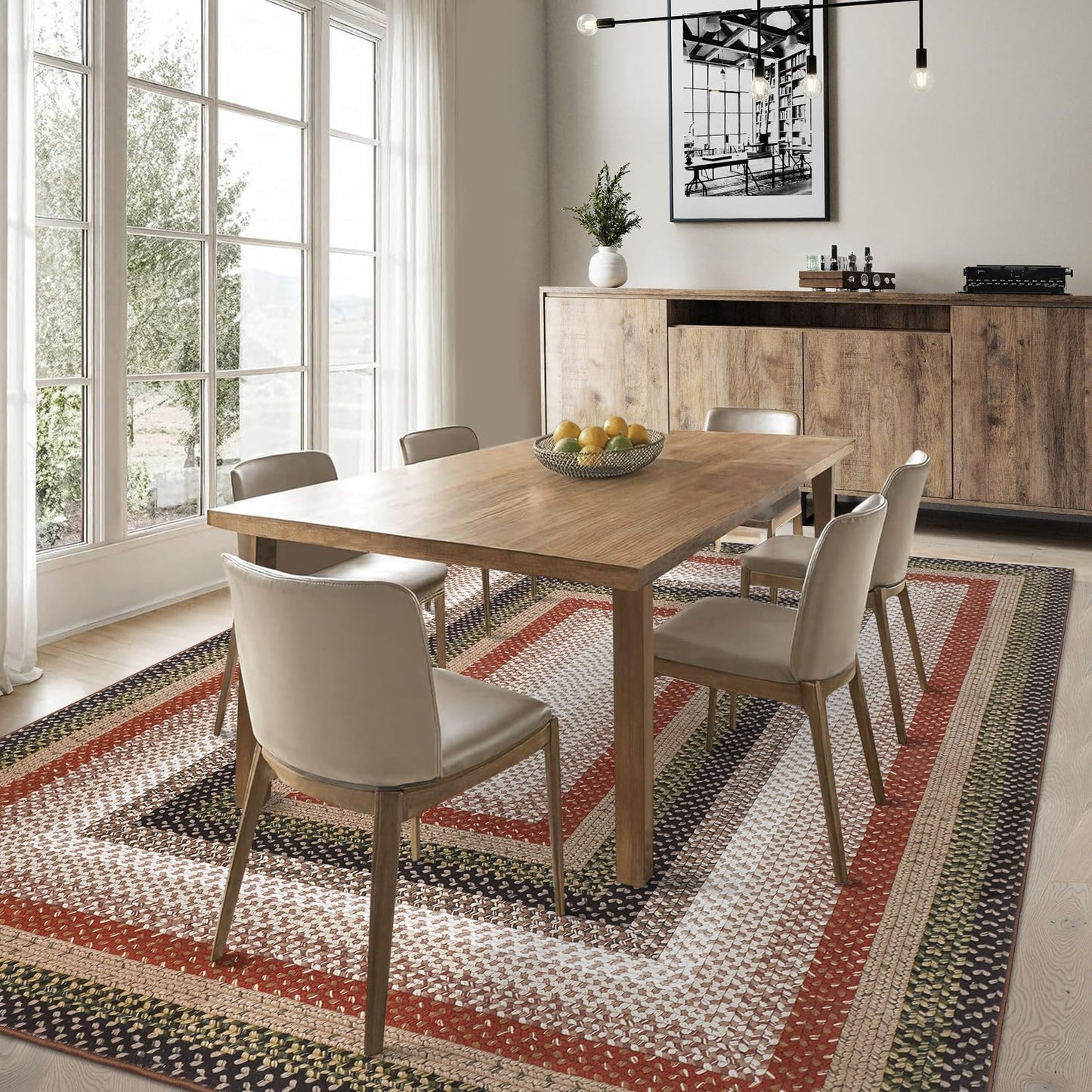 RUGSREAL 5x7 Bedroom Rug Machine Washable Living Room Area Rug Modern Braid Printed Throw Carpet for Dining Room Non Slip Large Entryway Rug Farmhouse Carpet for Home Decor, Crimson/Earthy