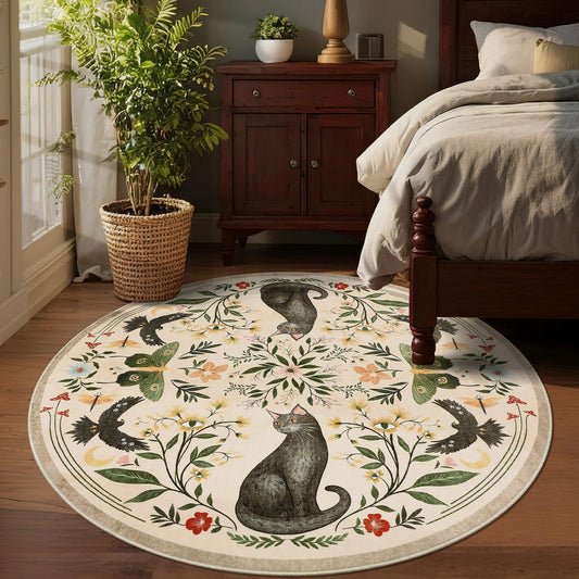 GarveeHome Round Area Rugs 5ft for Bedroom, Cat Beige Washable Circle Rug Soft Non Slip Mushroom Floral Floor Mat Carpet Indoor Thin Rug for Bedroom Dining Room Playroom Nursery Gothic Decor