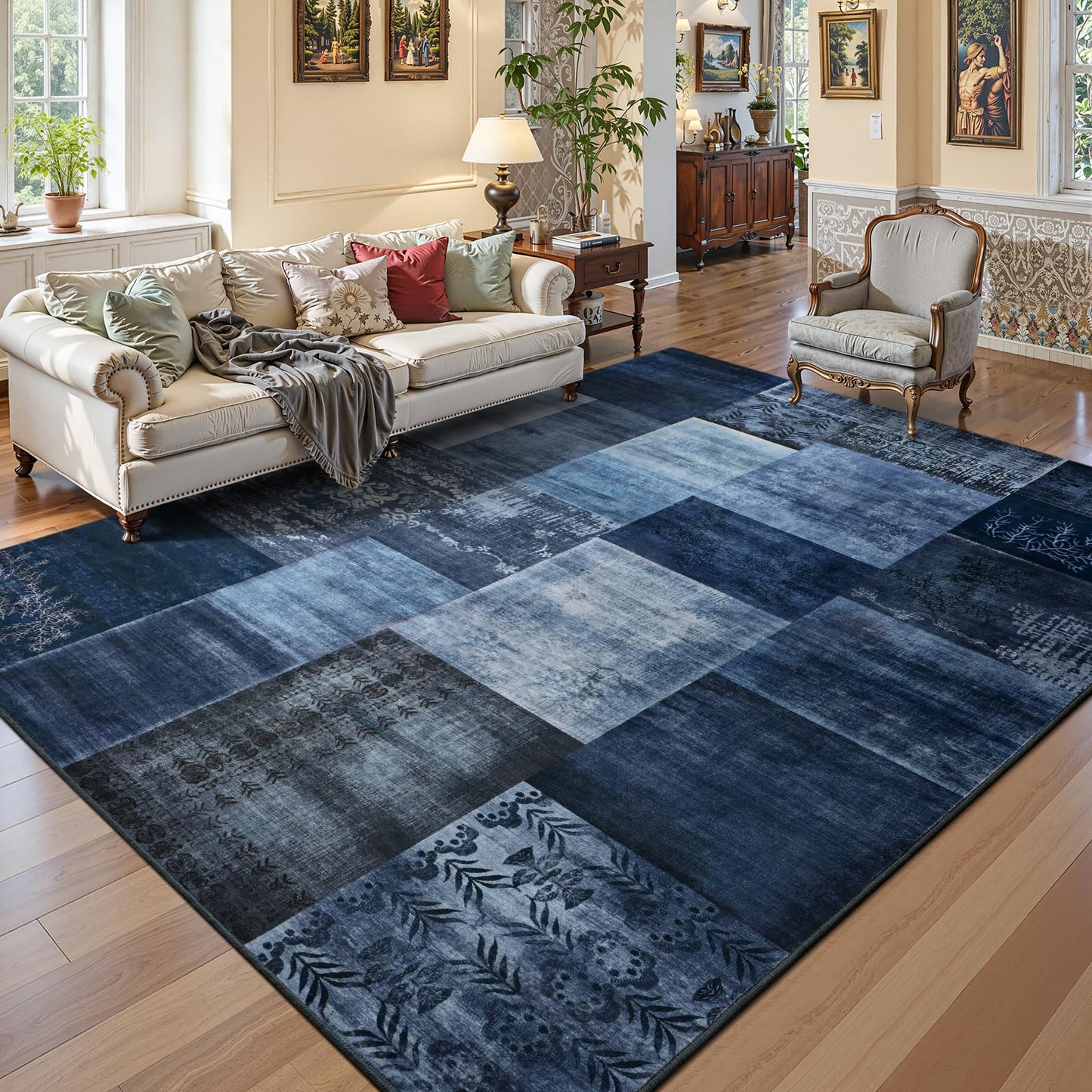 DweIke Washable Area Rugs 6x9 for Living Room, Large Modern Geometric Navy Blue Soft Patchwork Carpet, Non-Slip Stain Resistant Throw Rug for Bedroom Dining Room Office Home Decor