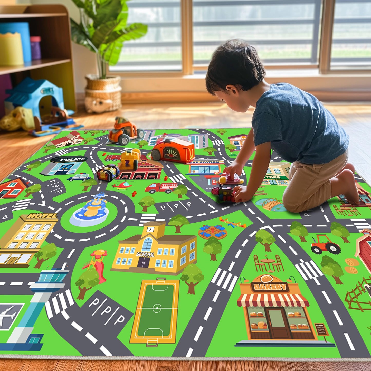 OHDS Kids Rugs for Playroom - Soft & Non-Slip 8x10 Feet Town City Map Road Rug Cars Play Mat, Childrens Road Catpet Washable Rug for Classroom Nursery Bedroom Boys