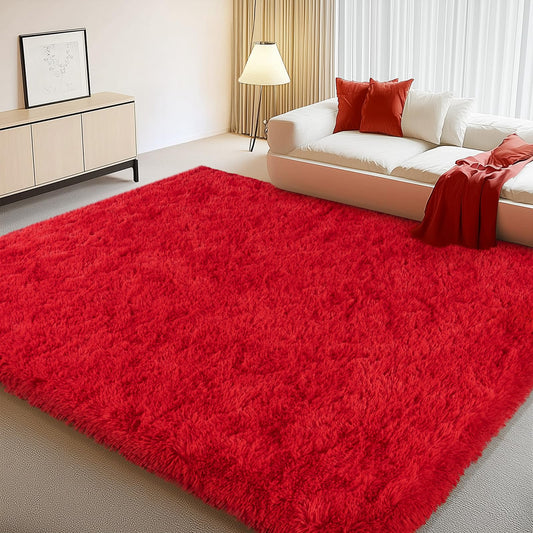 Large Shag Rugs 6 x 9, Red Fluffy Area Rug for Living Room, Soft Fuzzy Plush Carpet for Bedroom Girls Kids Room, Indoor Shaggy Rug for Home Decor Aesthetic, Upgrade Non-Slip