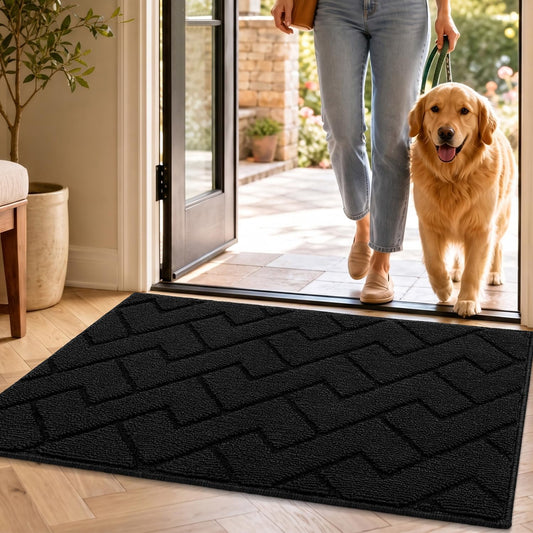 hicorfe Indoor Doormat,Welcome Door Mat TPR Backing Non Slip Mats 20"x32" Absorbent Resist Dirt Entrance Doormat Inside Floor for Entryway Washable Low-Profile (Black)