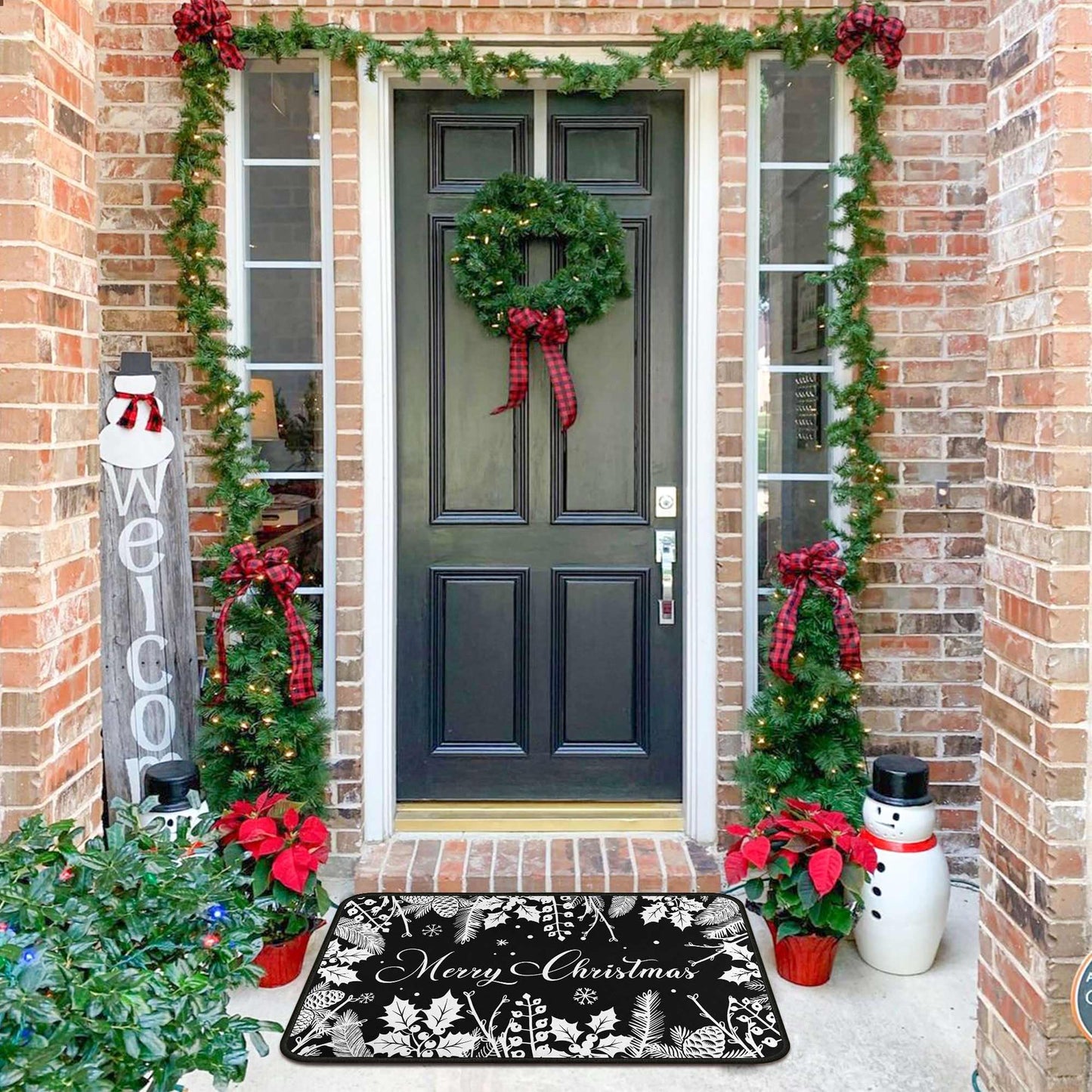 Christmas Kitchen Mats Set of 2, Black Christmas Decorations for Home, Holly Pine Branches Pinecones Kitchen Rugs Non-Slip Backing Winter Floor Mat Xmas Decor Washable Runner Rug 17"x47.2"+17"x30"