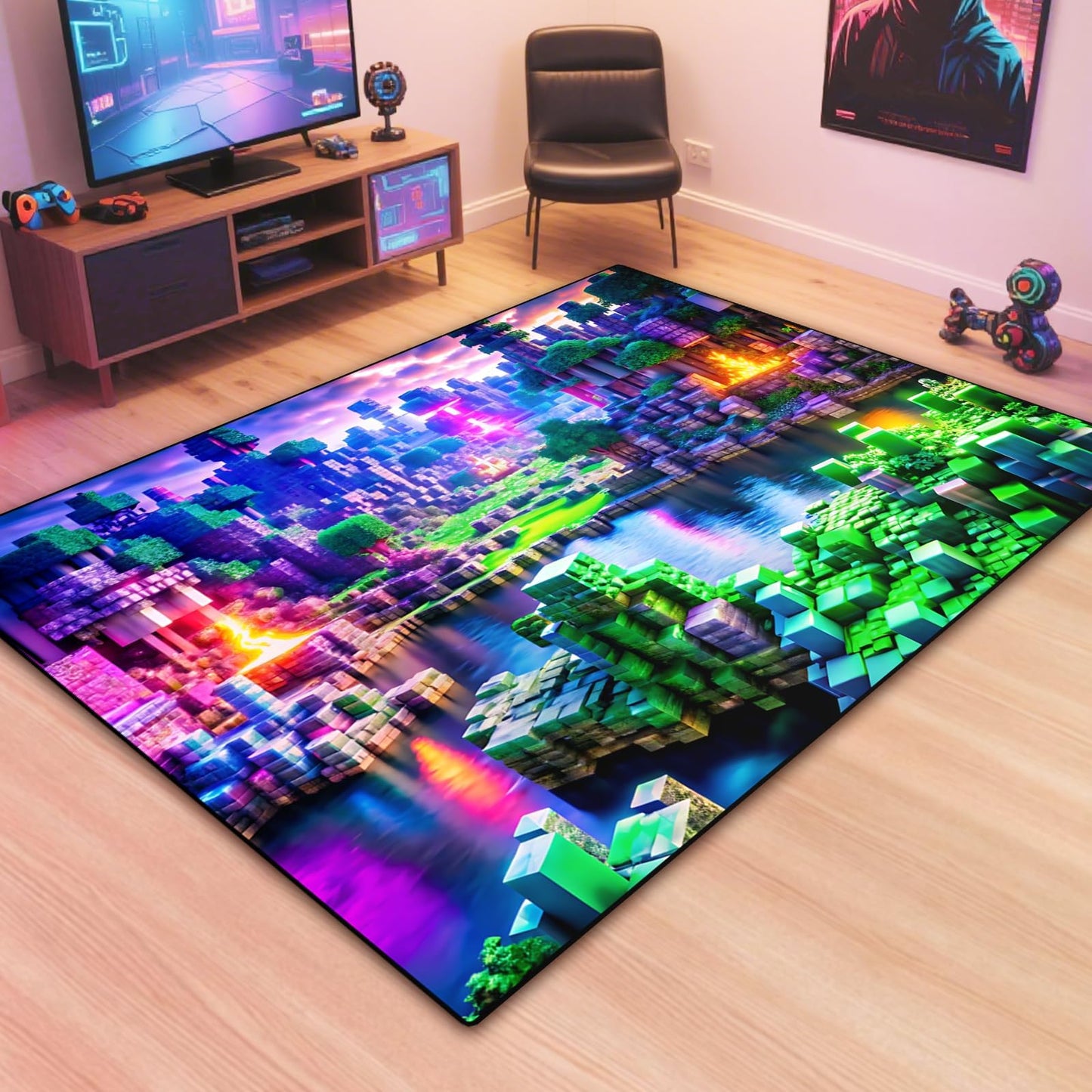 Block Game Rug Teen Kids Carpet, Pixel Games Scene Decoration Mat, Washable Cube Block Game Rugs for Boy's Bedroom Living Room Playroom, Non-Slip Children Gaming Area Rugs, Purple Field, 63" x 47"