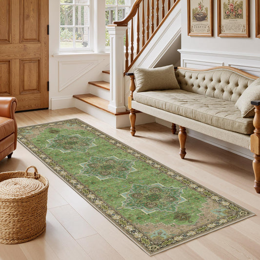 AMADA HOMEFURNISHING 2x6 Runner Rug, Vintage Non-Slip & Low-Pile Kitchen Area Rug for Hallway Bathroom Door Mat Indoor Entrance, Green