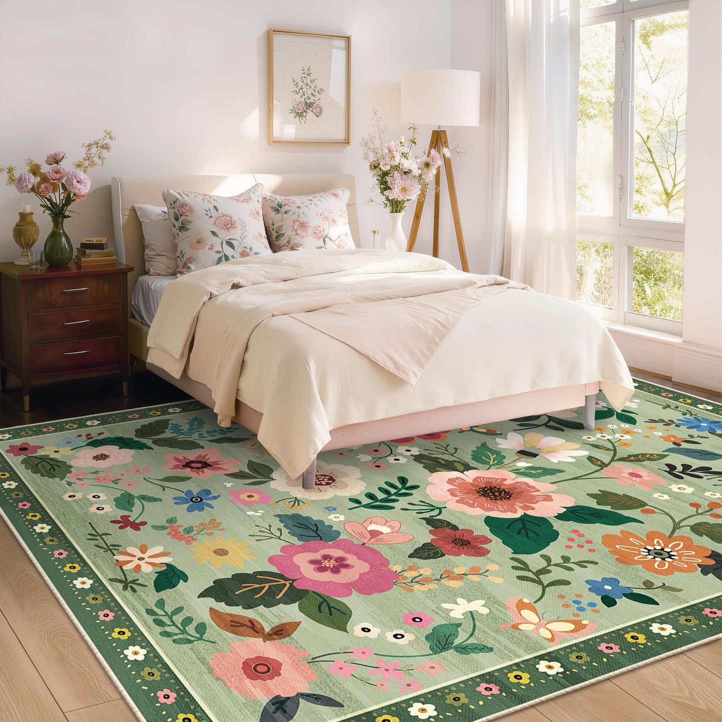 RELEANY Floral 5x7 Area Rugs Washable Print Boho Cute Carpet Non Slip Flower Low Pile for Living Room Bedroom Kitchen Office Farmhouse-Light Green