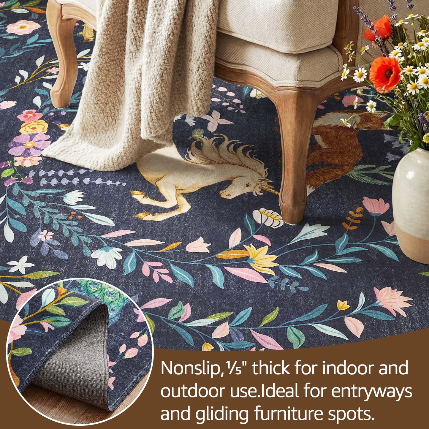 jinchan Moonrise Area Rug 5x7 Kids Room Rug Washable Unicorn Rug Soft Non-Slip Low Pile Fairytale Woodland Animals Floral Carpet for Classroom Nursery Playroom Bedroom Living Room Midnight Navy Blue
