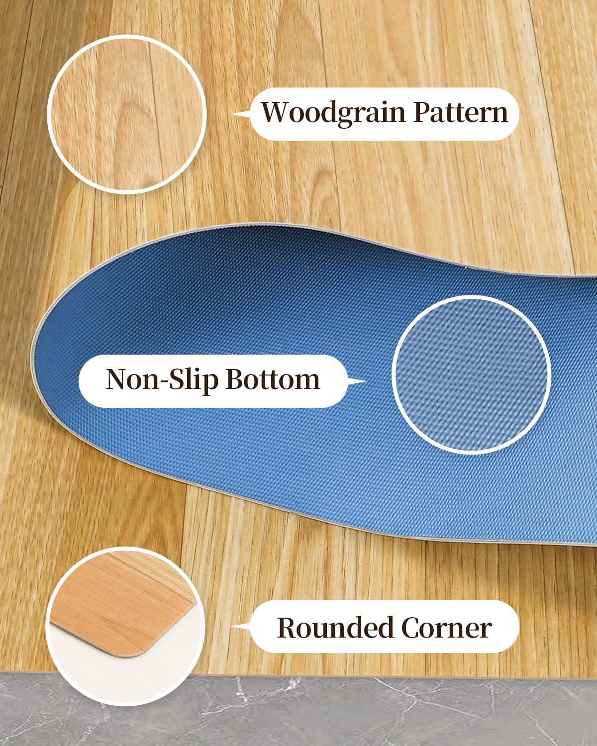 3'×5' Non Slip Vinyl Rug Waterproof 1.8mm Thick, Woodgrain Pattern Vinyl Floor Mat for Dining Table, Kitchen, High Traffic, Low Profile Area Plastic Floor Protector,Wear Resistant PVC Rug Cover Roll