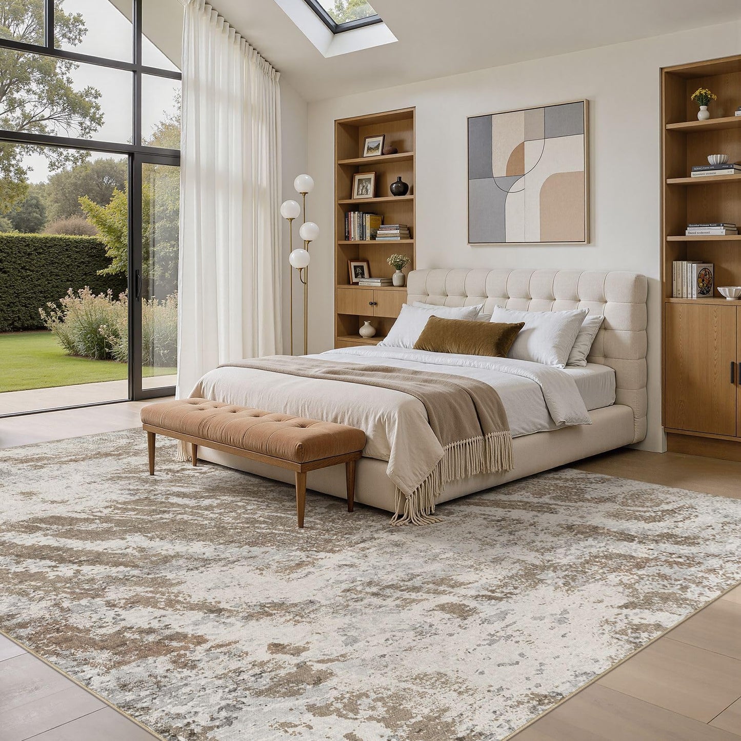 DMOYEST 10x14 Washable Area Rug: Abstract Modern Non-Slip Carpet, Soft Low Pile Indoor Neutral Easy Clean Floor Rugs for Living Room Bedroom Dining Room Kids & Pets - Brown