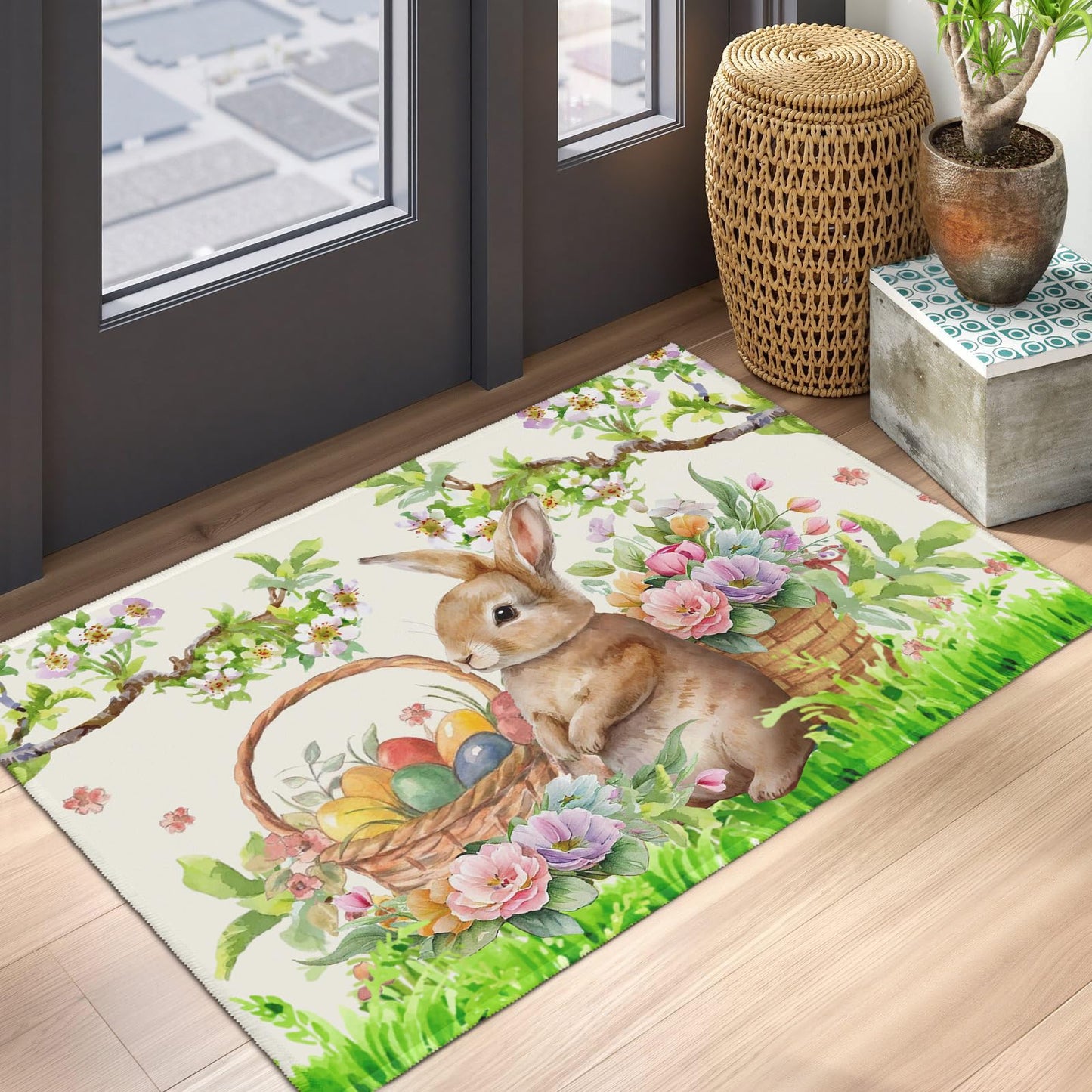Wnoesat Easter Decorative Area Rug 2x3 Spring Easter Egg Bunny Floral Front Door Mat Rabbit Flowers Indoor Outdoor Non-Slip Small Entryway Throw Rugs for Kitchen Bathroom Living Room Bedroom