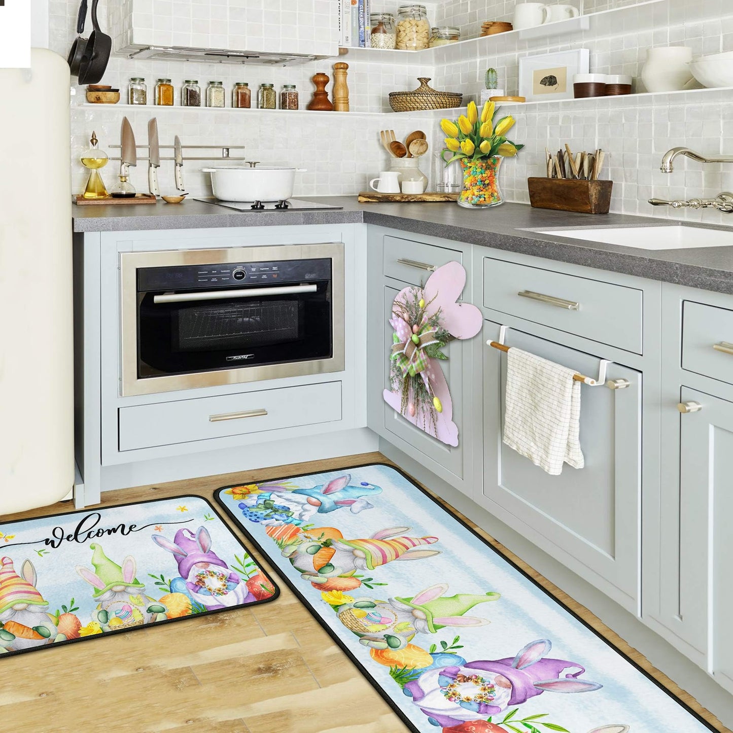flippana Easter Kitchen Rugs and Mats for Floor Non-Slip Backing Easter Gnome Mat Easter Decorations for Home Welcome Spring Kitchen Rug Sets with Runner (Happy Easter 06, 17"x47.2"+17"x30")