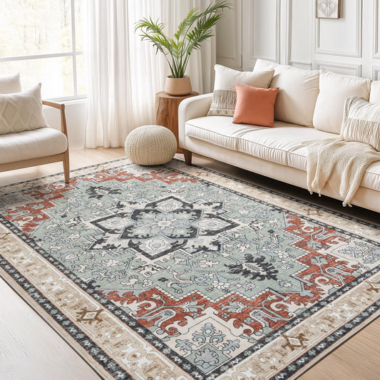 Lofus 5x7 Area Rugs for Living Room and Bedroom, Machine Washable Rug for Kitchen Office, Non Slip Low Pile Carpet, Vintage Boho Soft Carpets, Beige Orange
