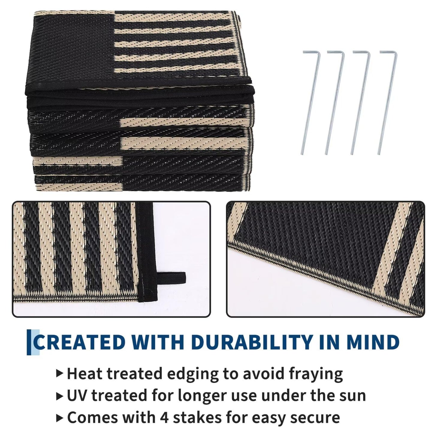 Garvee Waterproof Outdoor Rug 5x8, Checkered Foldable Plastic Straw Patio Camping Rug, Outdoor RV Carpet for Deck Camper Porch Balcony Backyard Picnic Beach Black and Brown