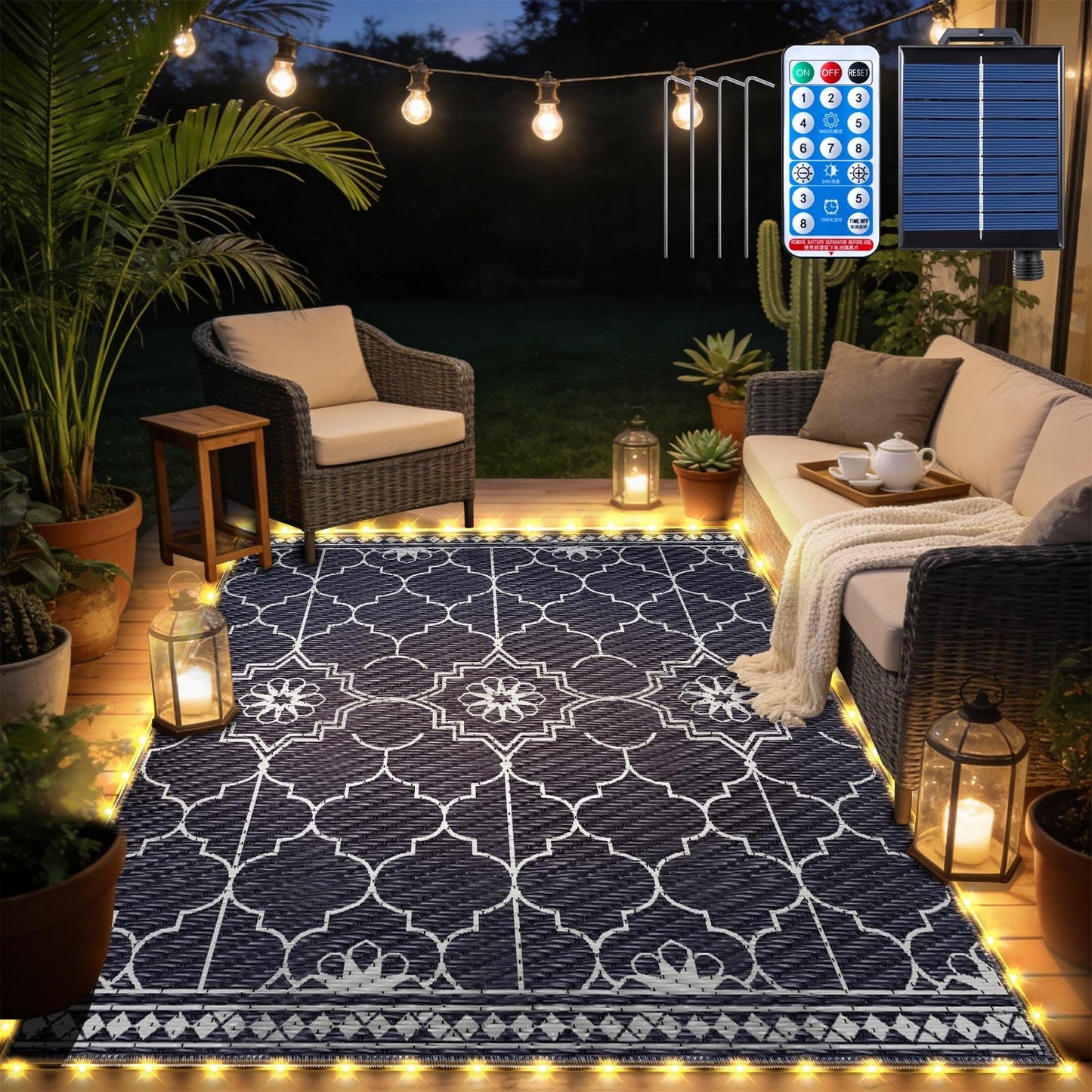 6x9Ft Outdoor Rug, Solar Powered Outdoor Rug with 94LEDs Strip Lights for House Deck, Waterproof Plastic Reversible Outdoor Straw Rugs, Rugs Mat RV Camping Patio Beach Balcony Picnic (Blue White)