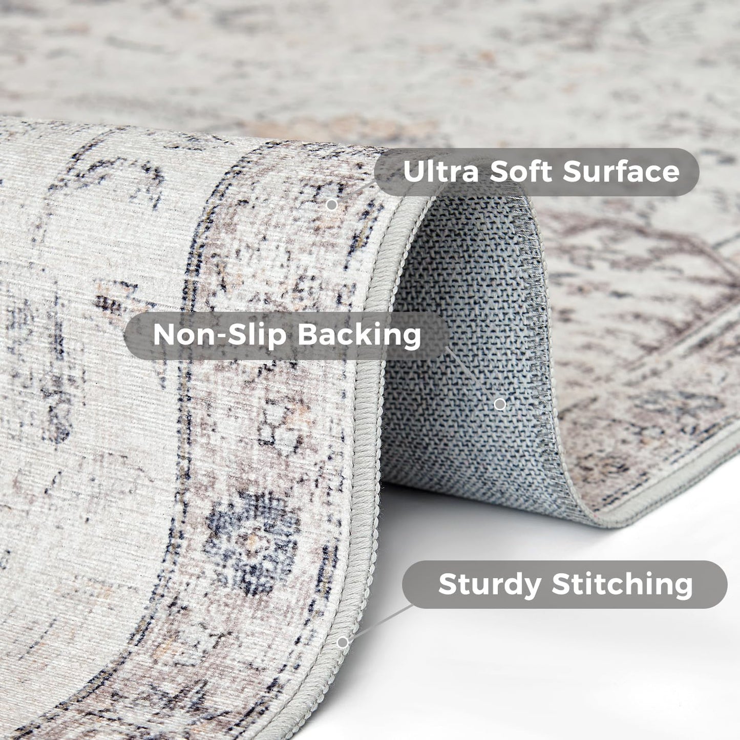 jinchan Distressed Vintage Area Rug 5x7, Soft Non-Slip Low-Pile Washable Living Room Rug with a Faded Medallion Pattern, for Dining Room Bedroom and Home Office, Grey Multi