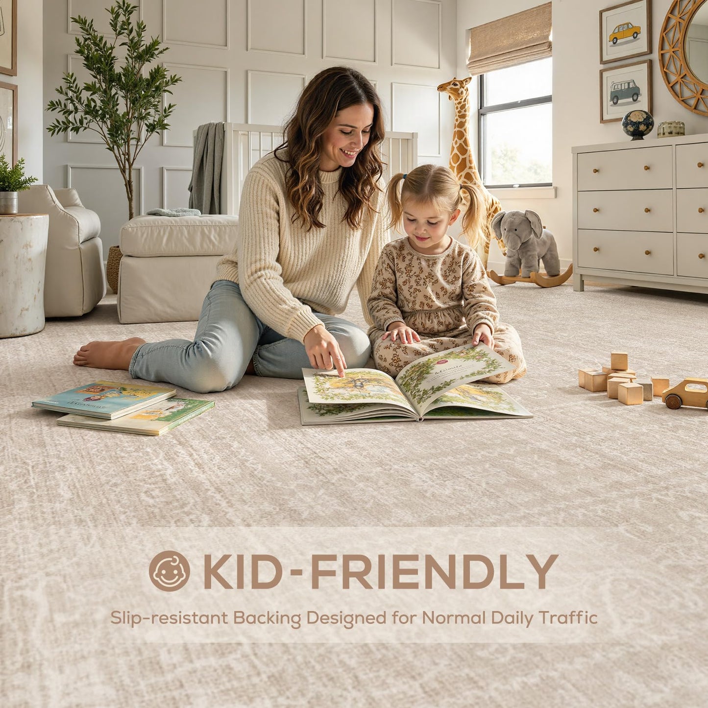 Nakagishi 10x14 Area Rugs Living Room: Washable Large Vintage Rug Neutral Non-Slip Soft Stain Resistant Indoor Carpet for Bedroom Nursery Dining Room Office Playroom - Beige