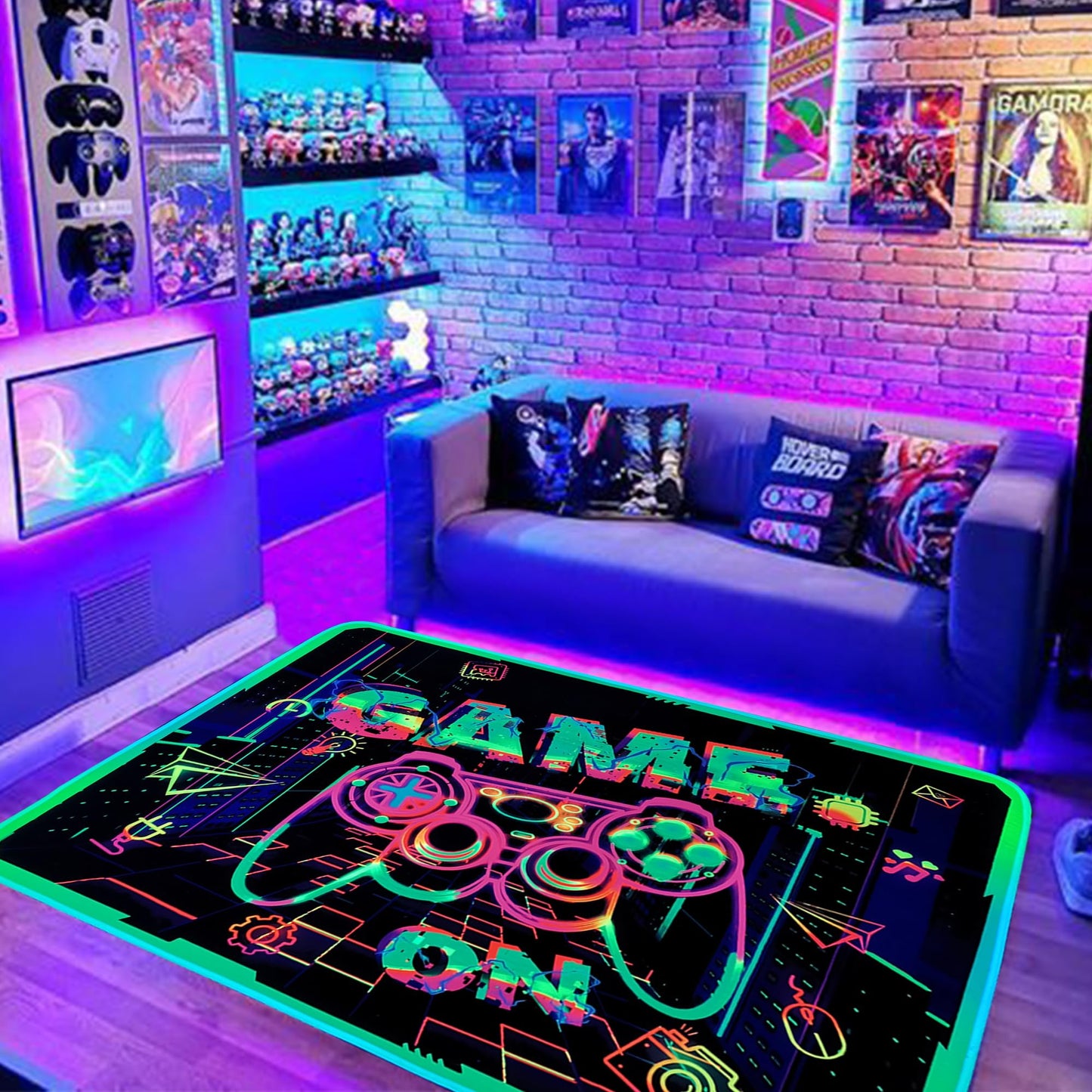 KMkicme Gaming Area Rug Blacklight for Bedroom Decor Game Printed Carpet Gamer Rug Glow in The Black Light for Playroom Large Non-Slip Area Rug Kids Boys Girls Game Room Casual Mat 82x59 Inch