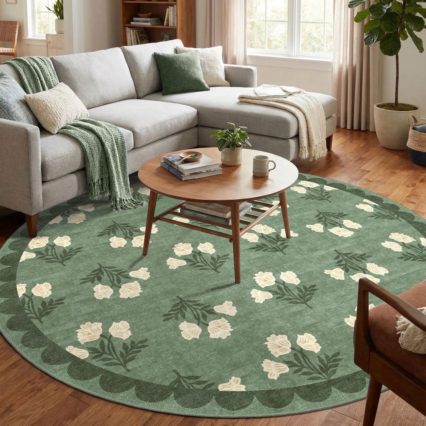 Othilic Sage Green 6ft Round Area Rug for Living Room - Large Washable Floral Boho Farmhouse Scalloped Circle Rug for Bedroom Stain Resistant Dining Room Rugs for Under Table Soft Non-Slip Nursery Rug