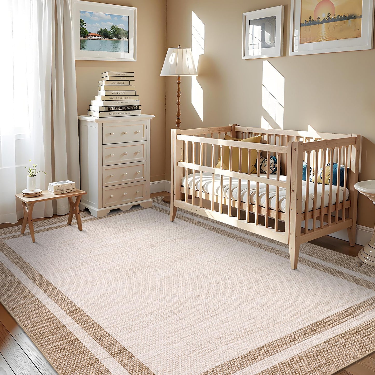 GarveeHome Living Room Area Rug 8x10 Washable Rugs Modern Solid Border Throw Carpet with Rubber Backing Low Pile Stain Resistant Dining Room Rug Contemporary Bordered Carpet for Home Office,Beige