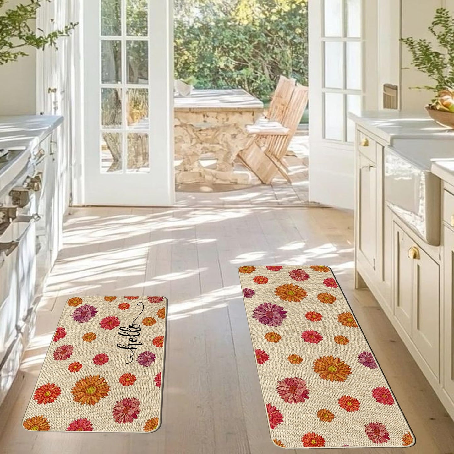 Tikeciti Spring Summer Vibrant Daisies Kitchen Mats Set of 2, Daisy Floral Kitchen Rugs Seasonal Holiday Floor Non-Slip Low Profile Mat Farmhouse Home Decor 17x29 and 17x47 Inch