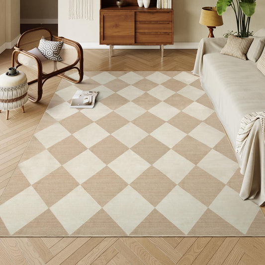 Beeiva Checkered Print 5x7 Washable Area Rugs for Bedroom, Non Slip Ultra Thin Beige Rugs for Living Room, Geometric Plaid Dorm Decor Soft Low Pile Carpet for Office Kids Room Classroom