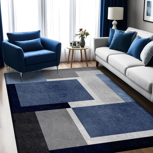 AICLIV Washable Low-Profile Geometric Area Rug, 0.2 inch Thin Abstract Rug Design for Living Room & Bedroom Decor, 5x7 ft Blue Grey Modern Non-Slip Floor Rug