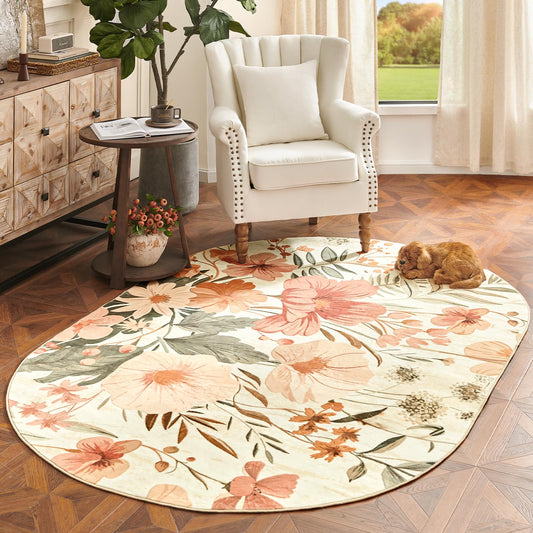 jinchan Renouveau Floral Area Rug 5x7 Oval Rug Living Room Washable Modern Oriental Flower Print Non Slip Carpet for Bedroom Dining Room Entryway Home Office Pink/Grey