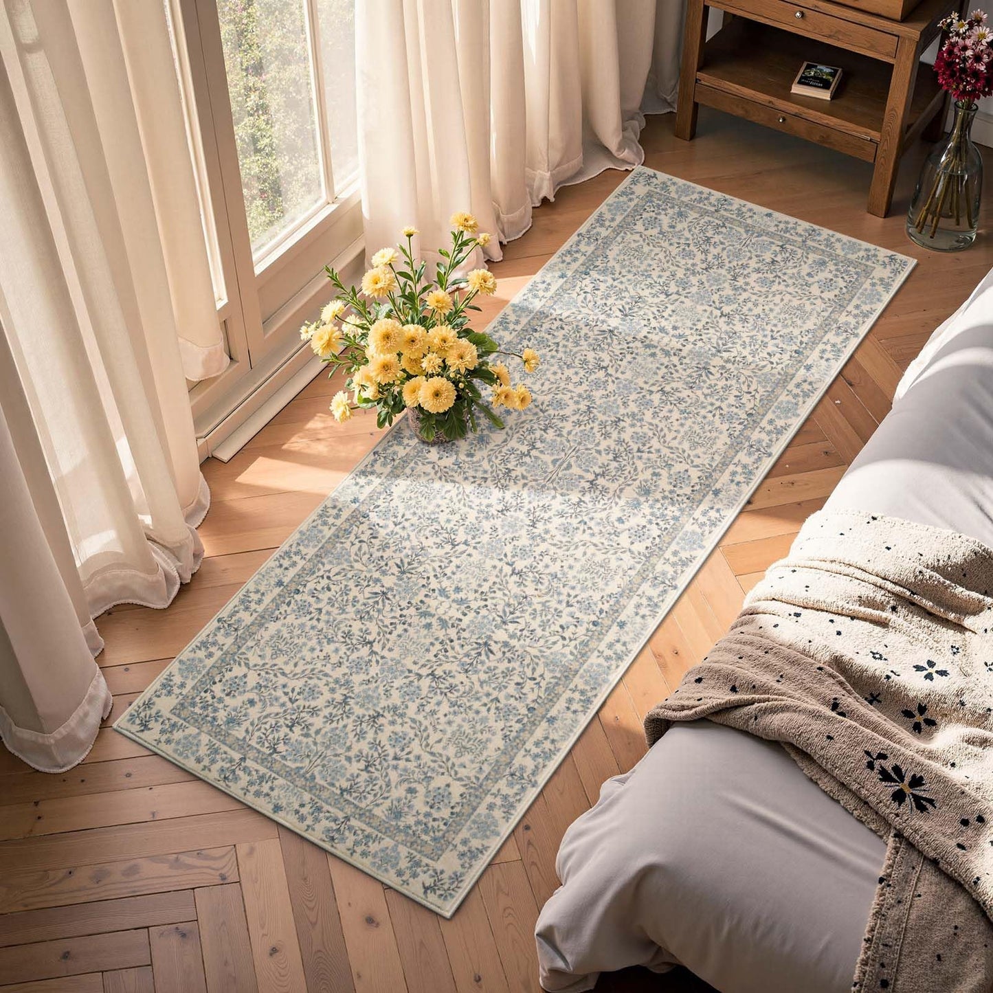 jinchan Zenith Floral Runner Rug 2x6 Washable Kitchen Runner Non-Slip Low-Pile Soft Carpet Runner Botanical Throw Rug for Entryway Laundry Room Hallway Bedroom Blue/Cream