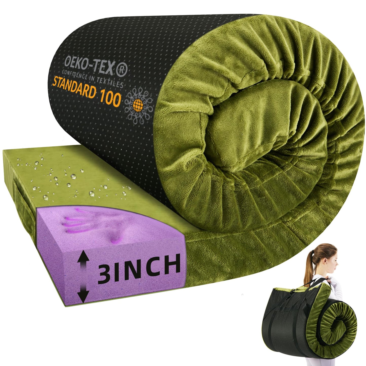 BDEUS Memory Foam Camping Mattress Pad 3inch Cot Size Waterproof Roll Up Bed Sleeping Mat for Adults Portable Roll Up Mattress for Travel Guest Floor Bed Cot Mattress Pad for Car, Tent (Green, Kids)