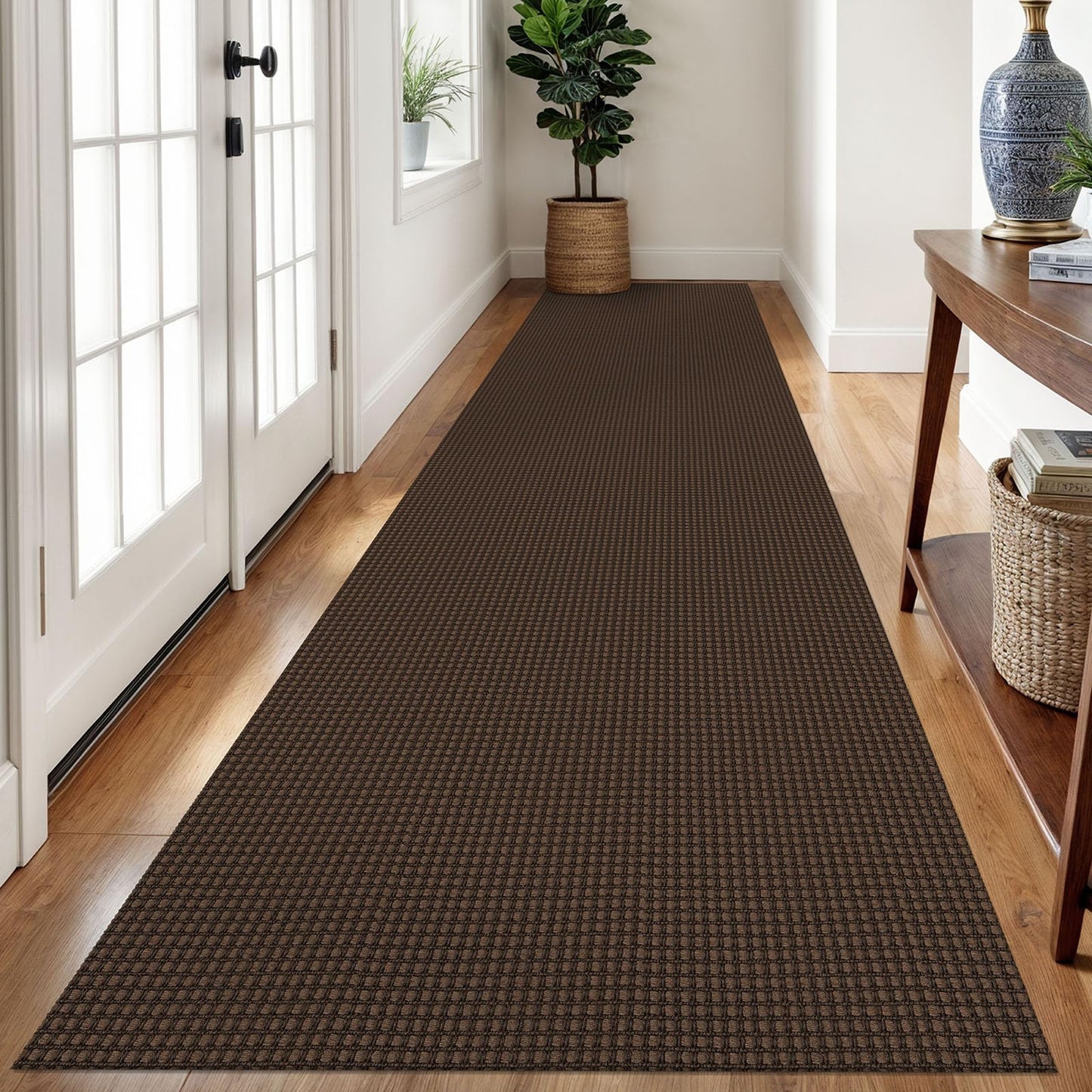 Ivissy Braided Runner Rug 3x12 Ft Washable Runners for Hallways Non Slip Rubber Backed Kitchen Runners Cotton Long Entryway Runner Indoor, Woven Carpet for Hall Kitchen Entryway, Brown