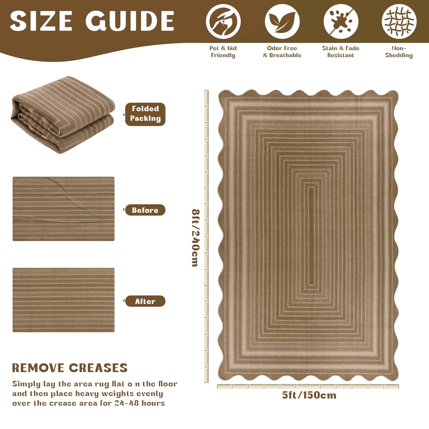 Yamaziot Washable Indoor Outdoor Rug 5x8, Scalloped Geometry Faux Tan Jute Outdoor Carpet Non Slip Modern Woven Textured Patio Rug for Backyard Balcony Deck, White
