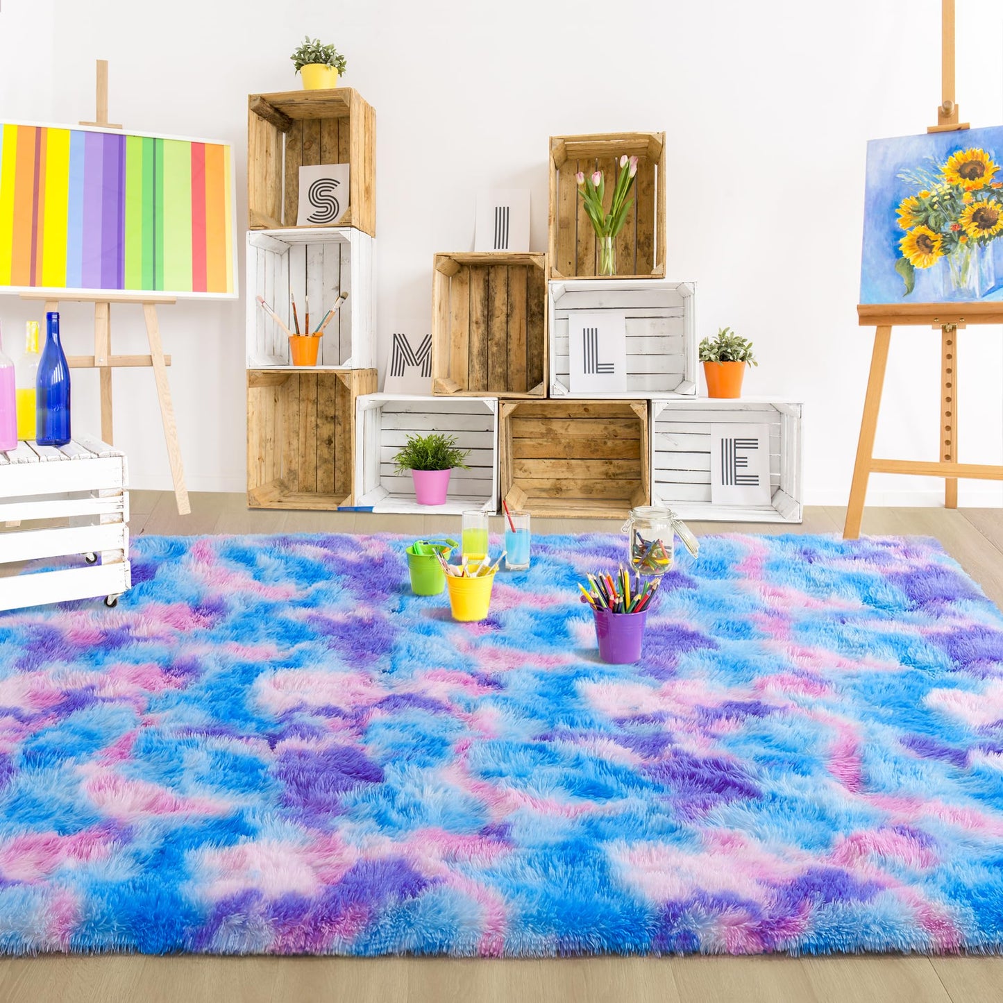 Foxmas Large Area Rugs for Living Room Bedroom 6x9 Feet, Fluffy Kids Room Plush Shaggy Nursery Rug Furry Throw Carpets for Boys Girls, College Dorm Fuzzy Rugs Home Decorate Rug, Rainbow Blue
