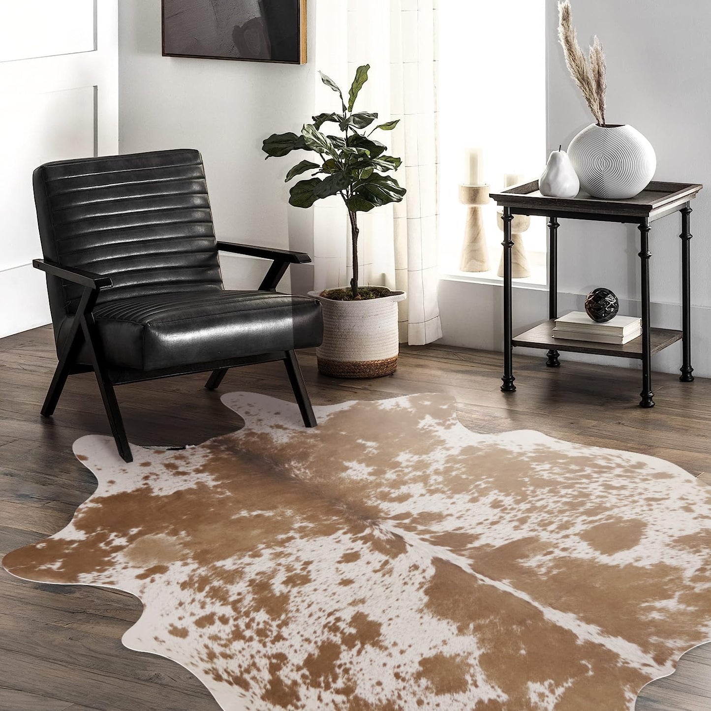 Faux Cowhide Rug 4.6x5.2 ft Cow Hide Faux Cowhide for Living Room Bedroom Dining Room Home Office Brown Cow Rug Carpet Western for Home Decor-NO Fur