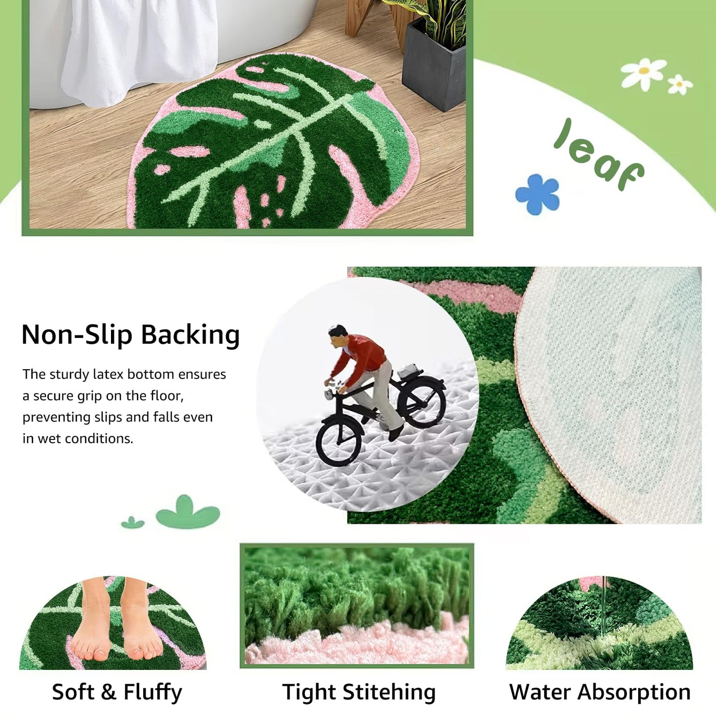 Sisher Leaf Rug,Monstera Bath Mat Cute Bathroom Mat Non Slip Palm Shaped Plush Fun Area Rug Bathtub Rugs Machine Washable Green and Pink Leaf Mat（21"X26"）