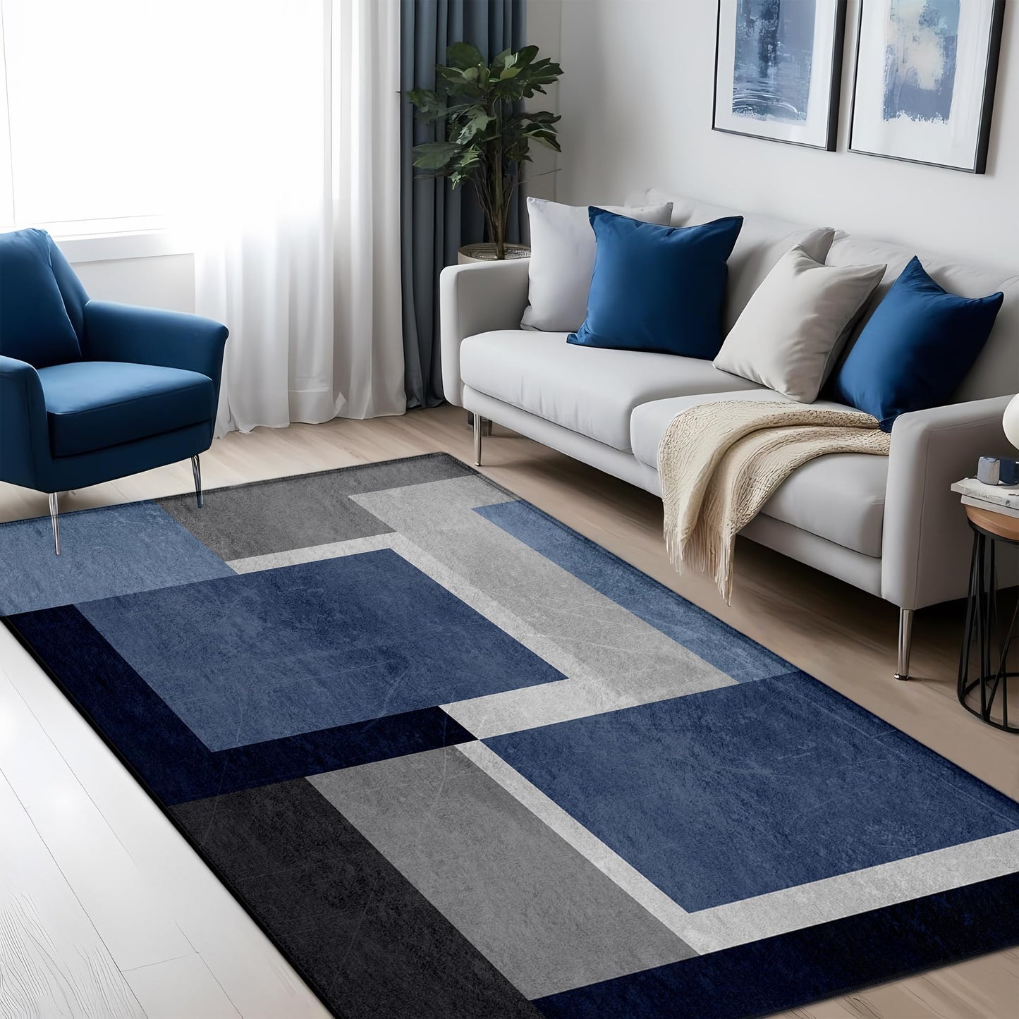 AICLIV Washable Low-Profile Geometric Area Rug, 0.2 inch Thin Abstract Rug Design for Living Room & Bedroom Decor, 3x5 ft Blue Grey Modern Non-Slip Floor Rug