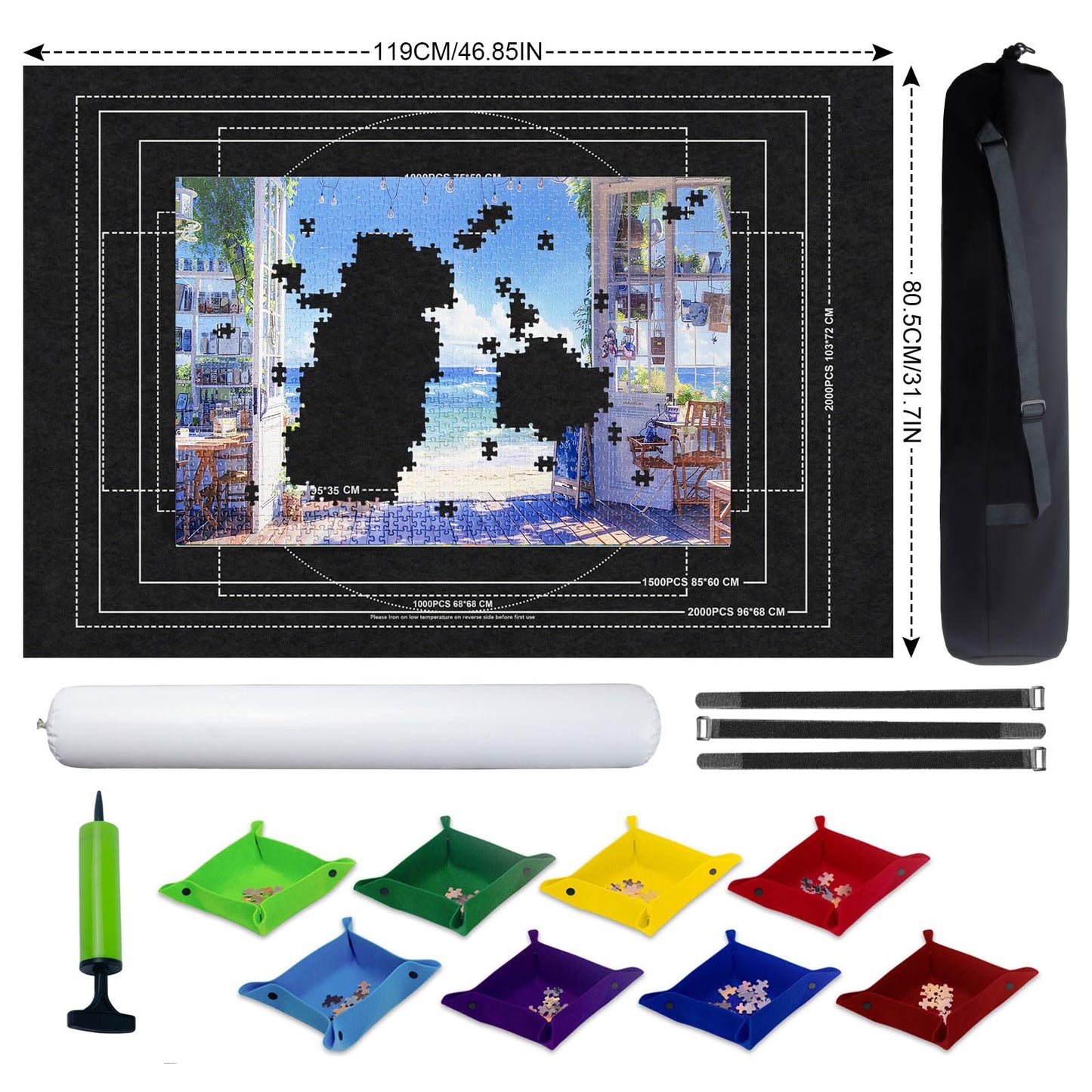 GWLKKE Jigsaw Puzzle Mat Roll Up with Storage Bag, 8 Sorting Trays, Inflatable Tube & Pump | Portable Puzzle Board & Saver for Up to 2000 Pieces | Felt Mat for Adults, Teenage, Travel