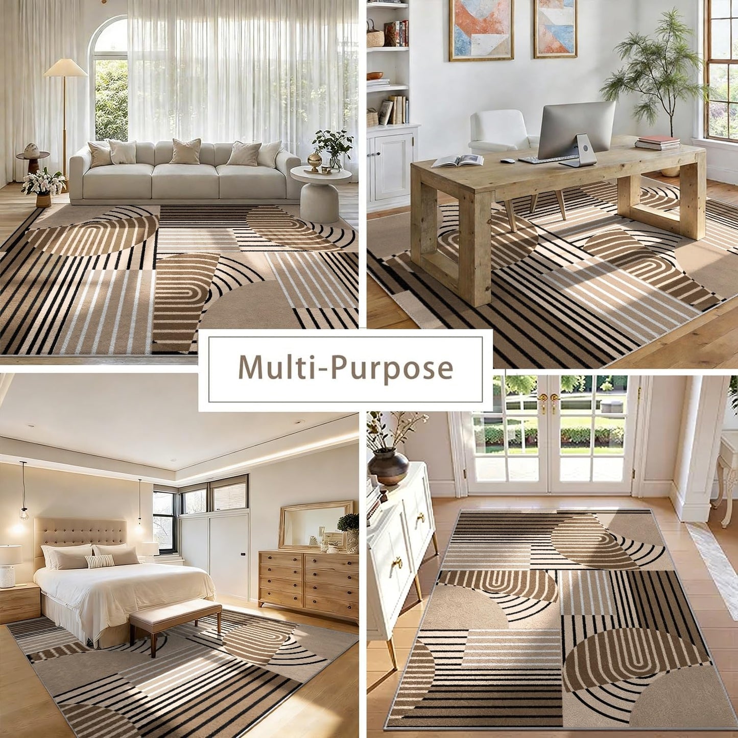 5x7 ft Mid Century Modern Geometric Area Rug, Boho Brown Beige Abstract Carpet, Soft Non-Slip Living Room Rug for Bedroom & Office, Washable Low Pile Floor Mat, Easy to Clean