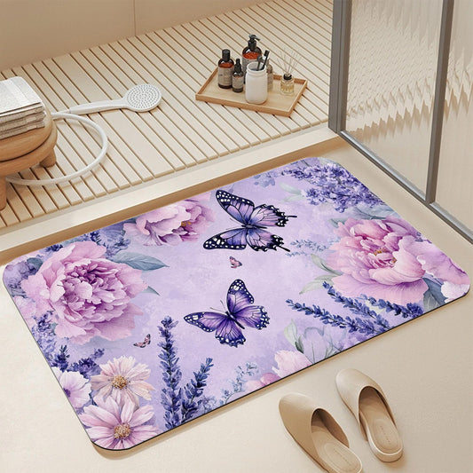 GYYGOO Bath Mats for Bathroom,Purple Flowers Bathroom Rugs,Watercolor Butterfly Diatomaceous Bath Rug Quick Dry, Non Slip Super Absorbent Low Profile Doormat for Home Kitchen Patio 17 X 29.5 Inch