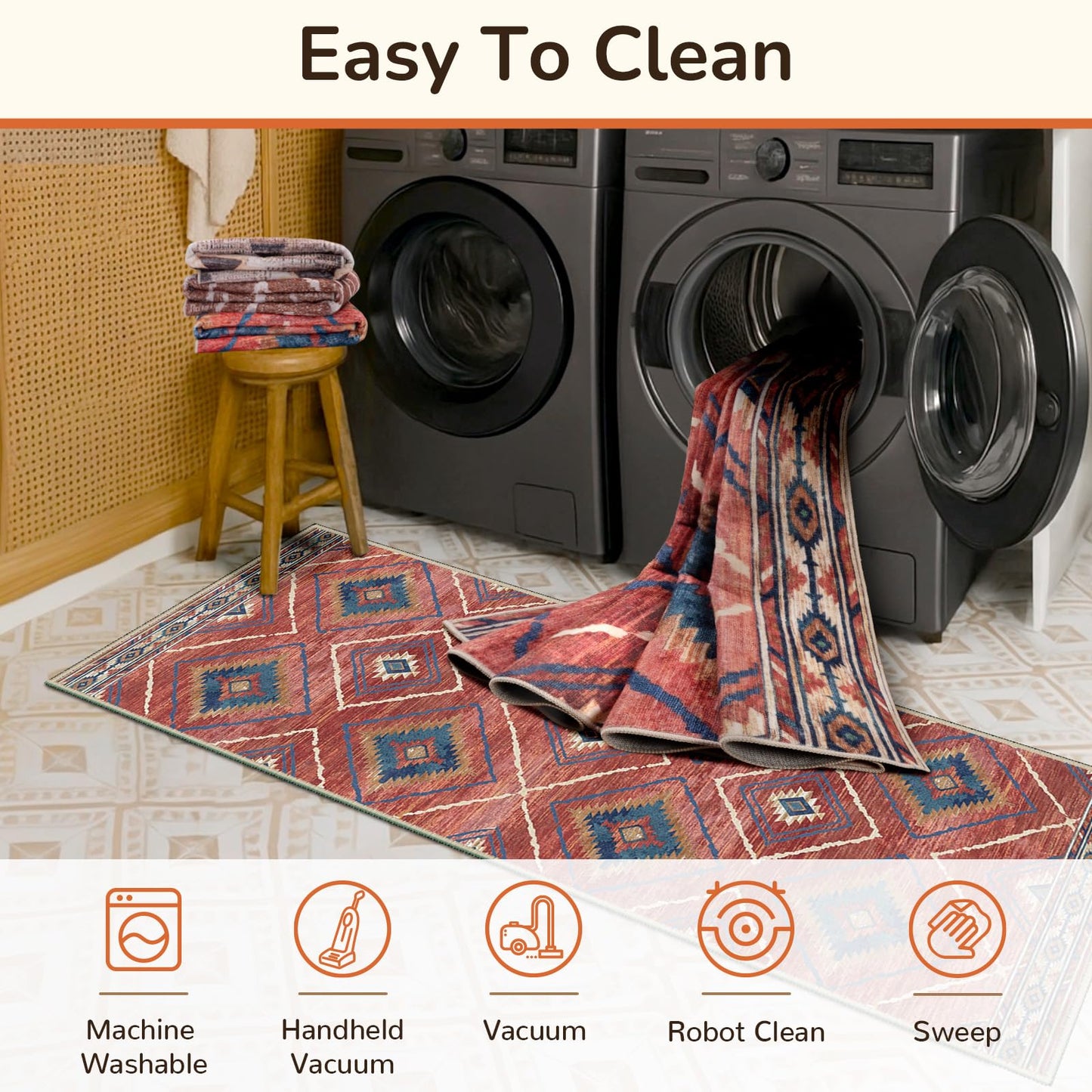 Area Rug 5x7 Rug Machine Washable Non-Slip Low Pile Print Pattern Western Rug for Living Room Bedroom Entryway Tribal Series -Red/Orange