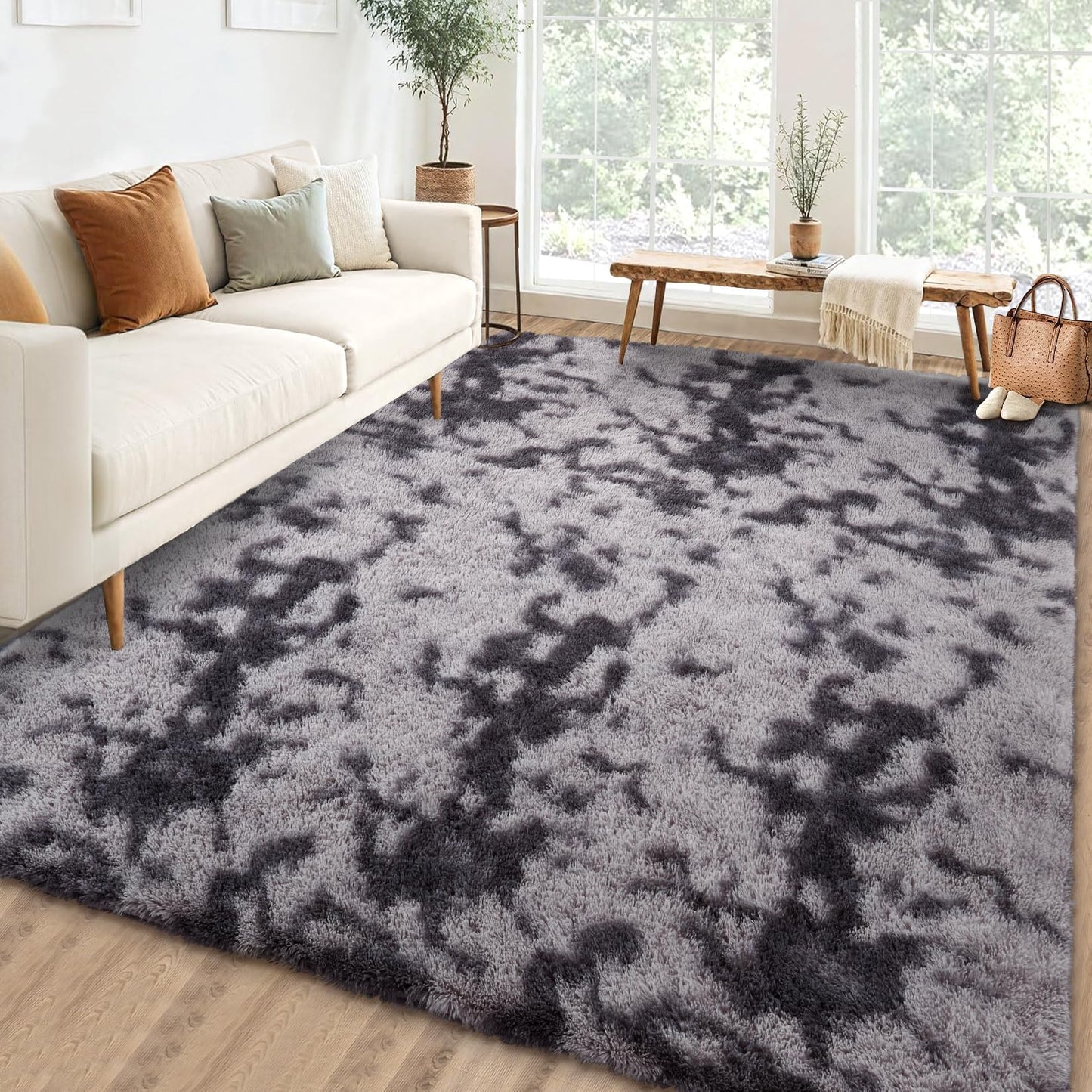 Garvee 6'x9' Large Fluffy Tie-Dye Shaggy Area Rug for Living Room, Soft Fuzzy Plush Rug for Dining Room & Playroom, Aesthetic Carpet, Non-Shedding, Machine Washable, Tie-Dyed Dark Grey