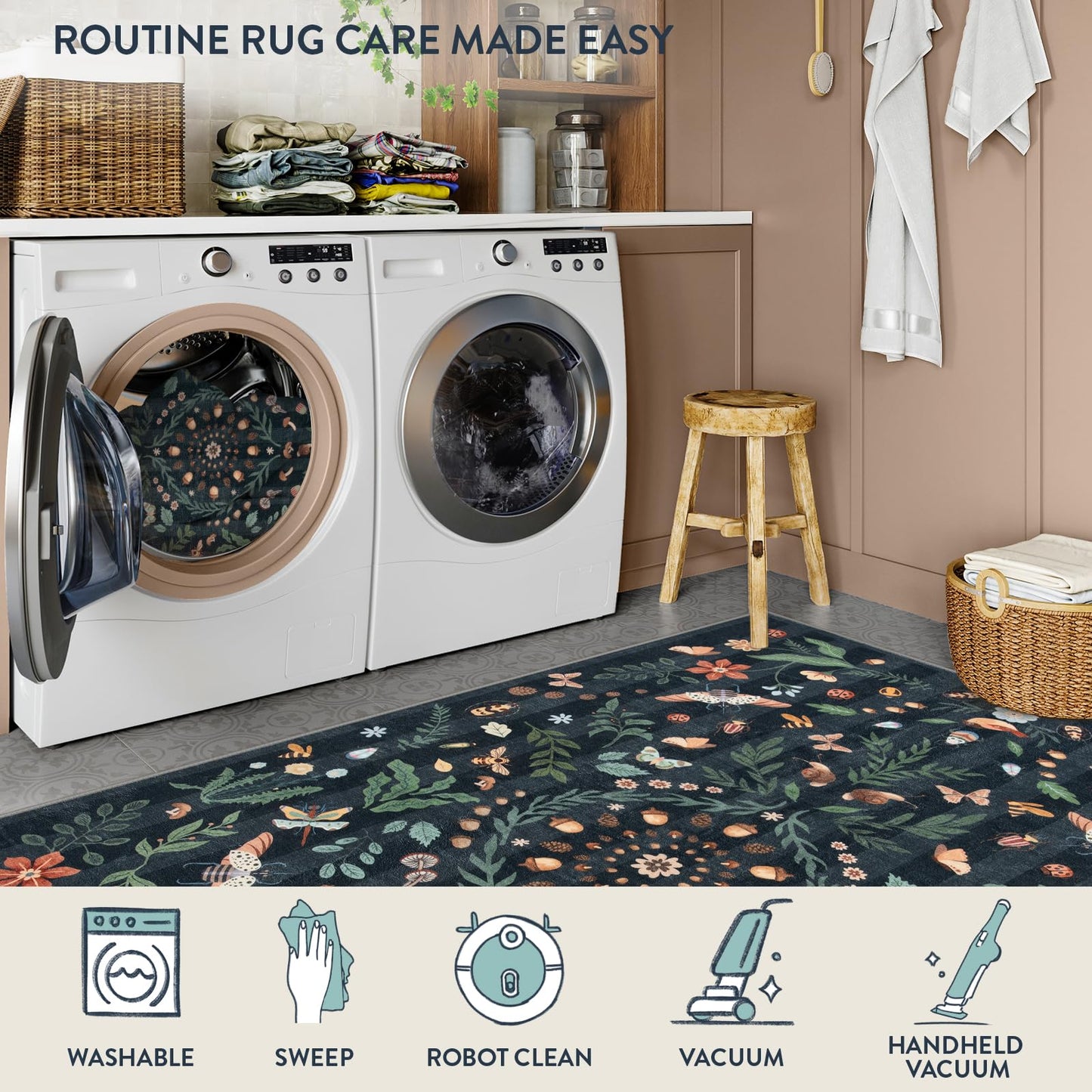 Lahome Washable Insect Botanical 2x6 Runner Rug for Entryway - Machine Washable Non-Slip Hallway Runner Rug, Black Boho Low Profile Soft Faux Wool Carpets for Bedroom, Hallway, Laundry, Kitchen