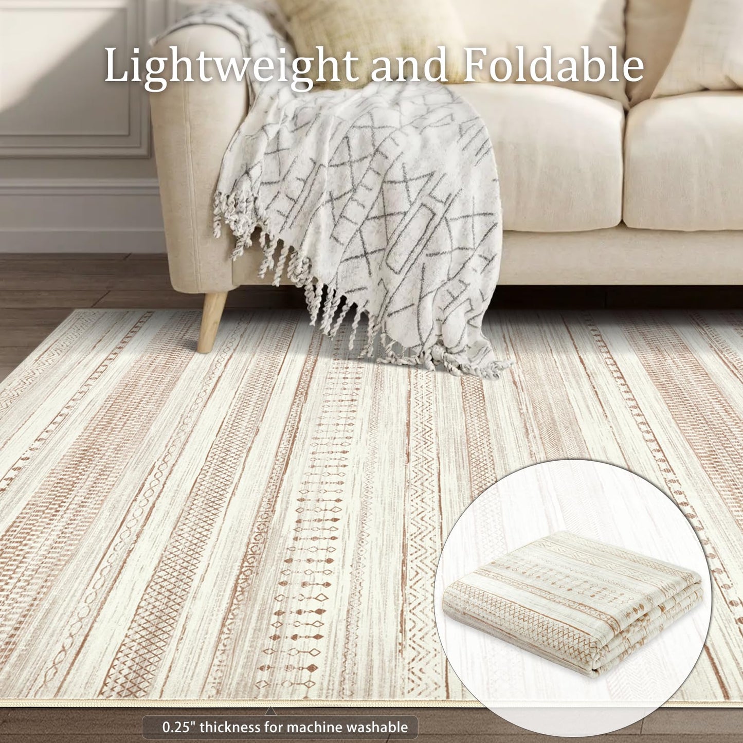 Boraya Area Rugs for Living Room: 5x7 Washable Boho Rug for Bedroom Large Neutral Bohemian Moroccan Farmhouse Geometric Dining Room Rugs Ultra Soft Floor Carpet Indoor for Home Office - Brown