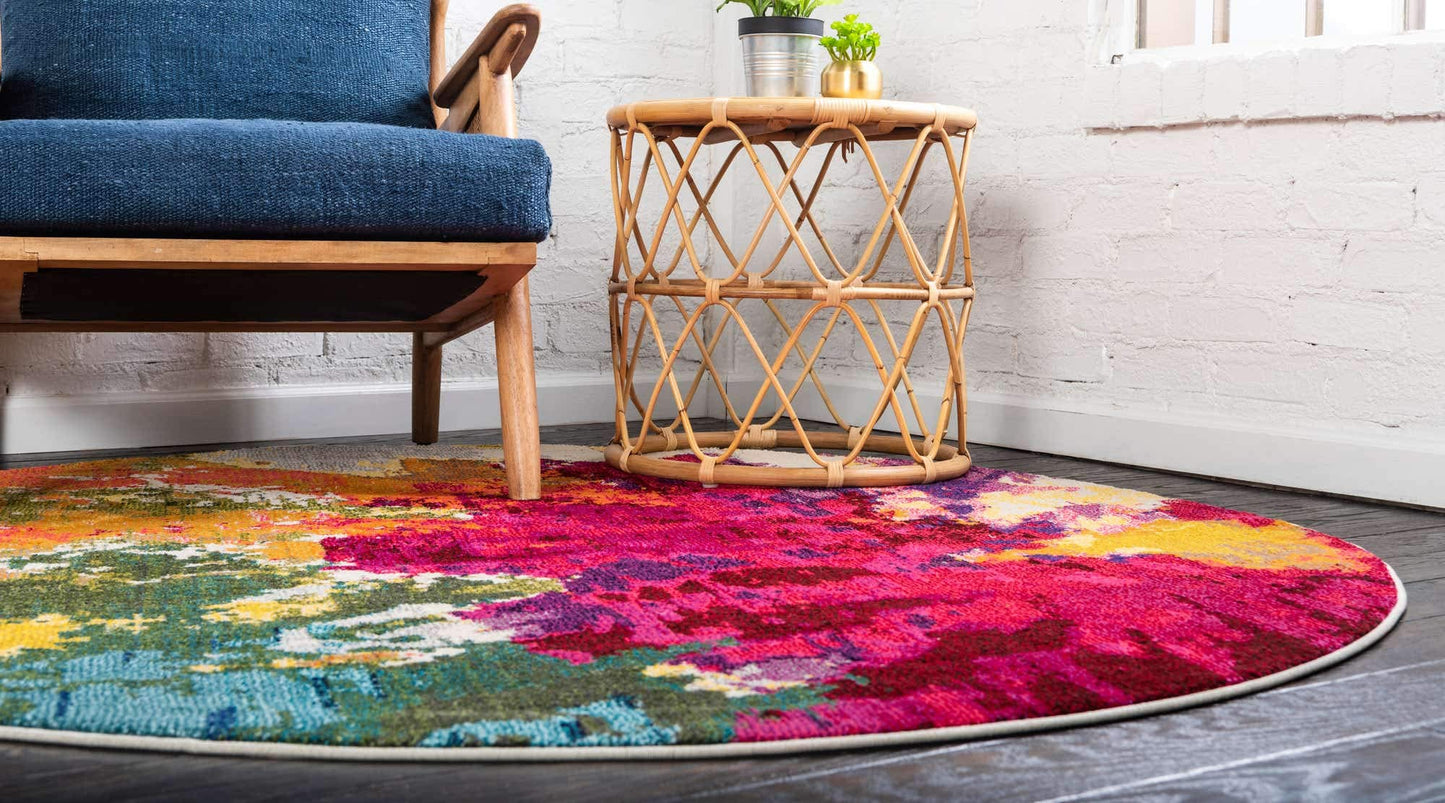 Unique Loom Estrella Collection Colorful, Abstract, Floral, Watercolors, Modern, Distressed Area Rug (6' 0 x 6' 0 Round, Multi/Pink)