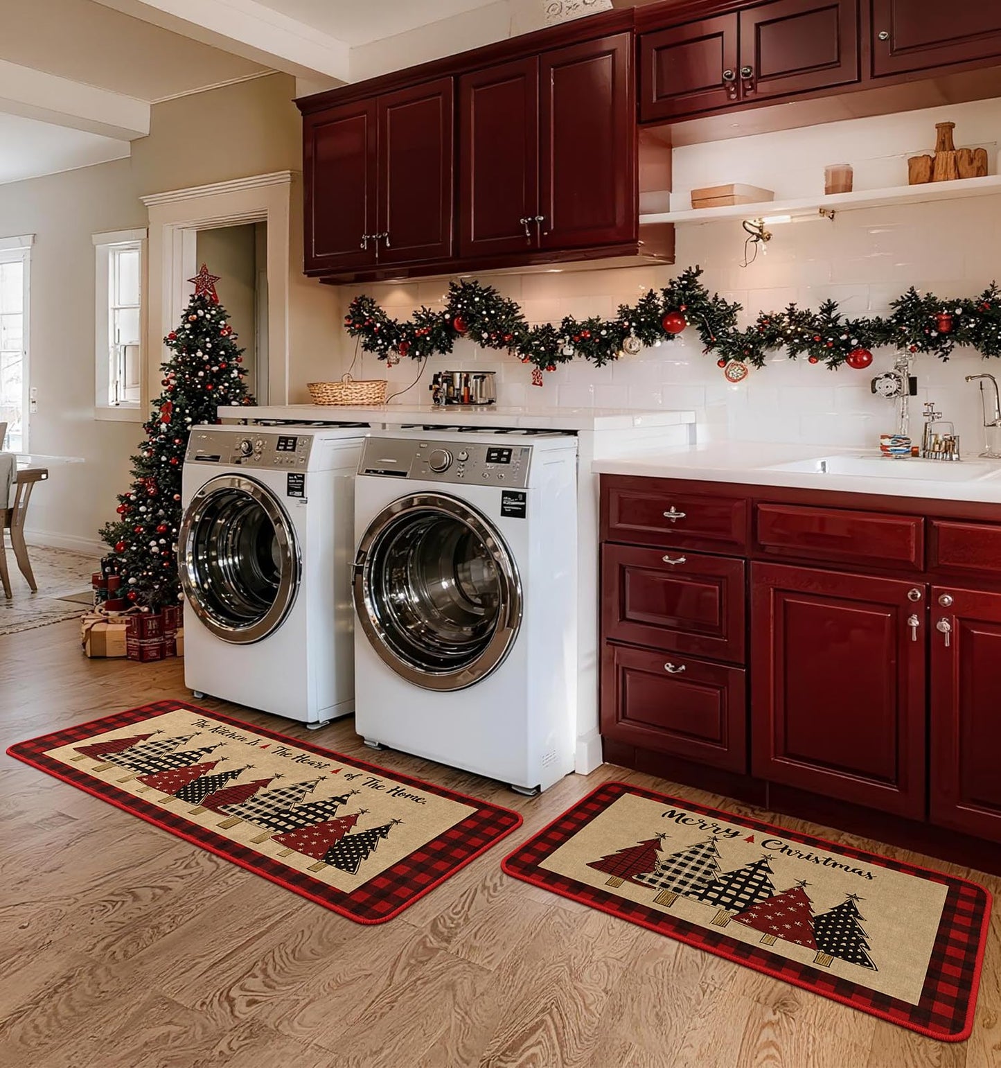 CHAMBERY Kitchen Rugs Set of 2, 17" x 29" & 17"x 47" Xmas Tree Non-Slip Backing Buffalo Plaid Merry Christmas Kitchen Mats for Floor,Low-Profile Winter Holiday Decorations Christmas Doormat
