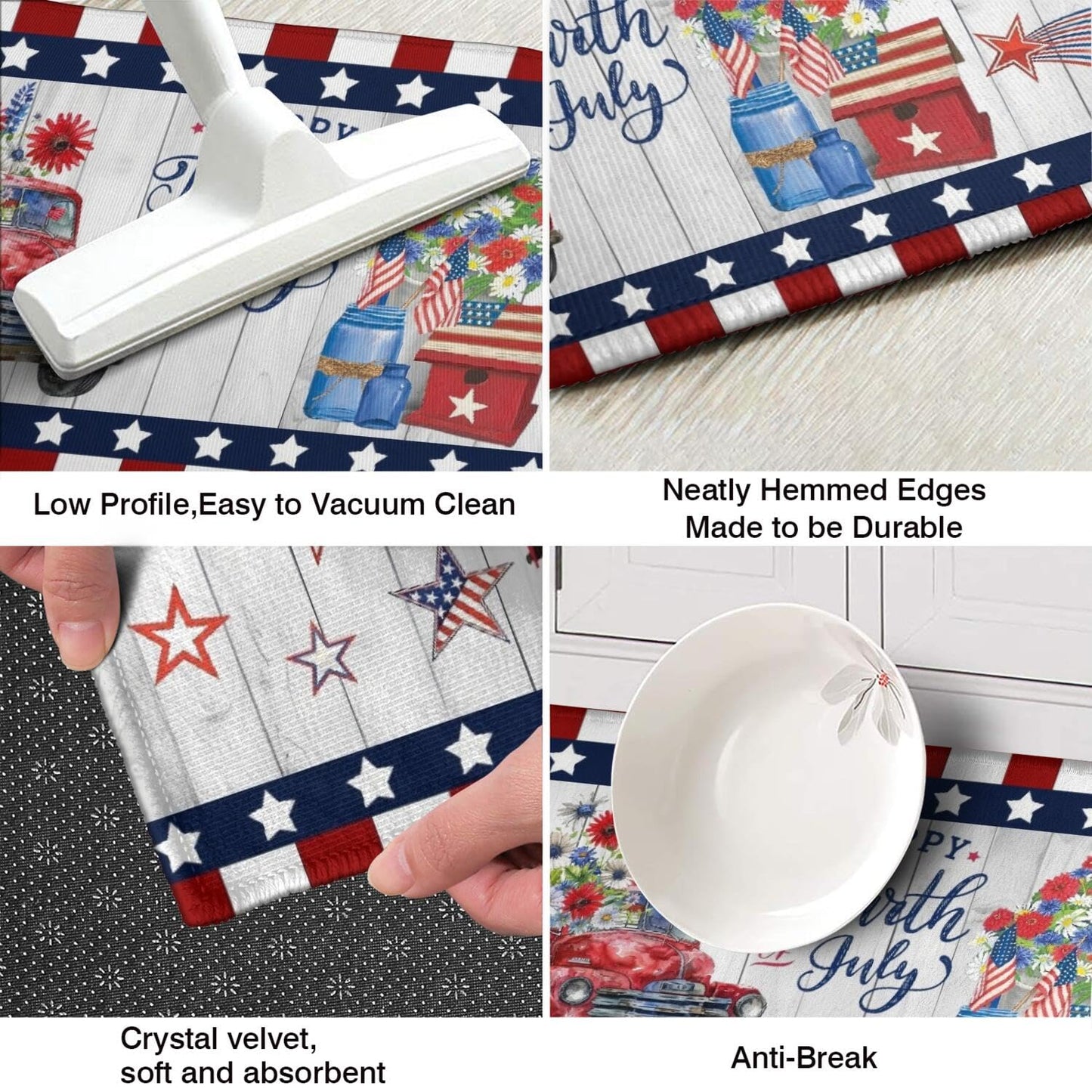 American Patriotic Farmhouse Kitchen Rugs Sets of 2,4th of July Memorial Day Independence Day Mats for Floor,Liberty Freedom Non Slip Holiday Decor Mat for Sink, Laundry, Office 17"x 47"+17"x 30"