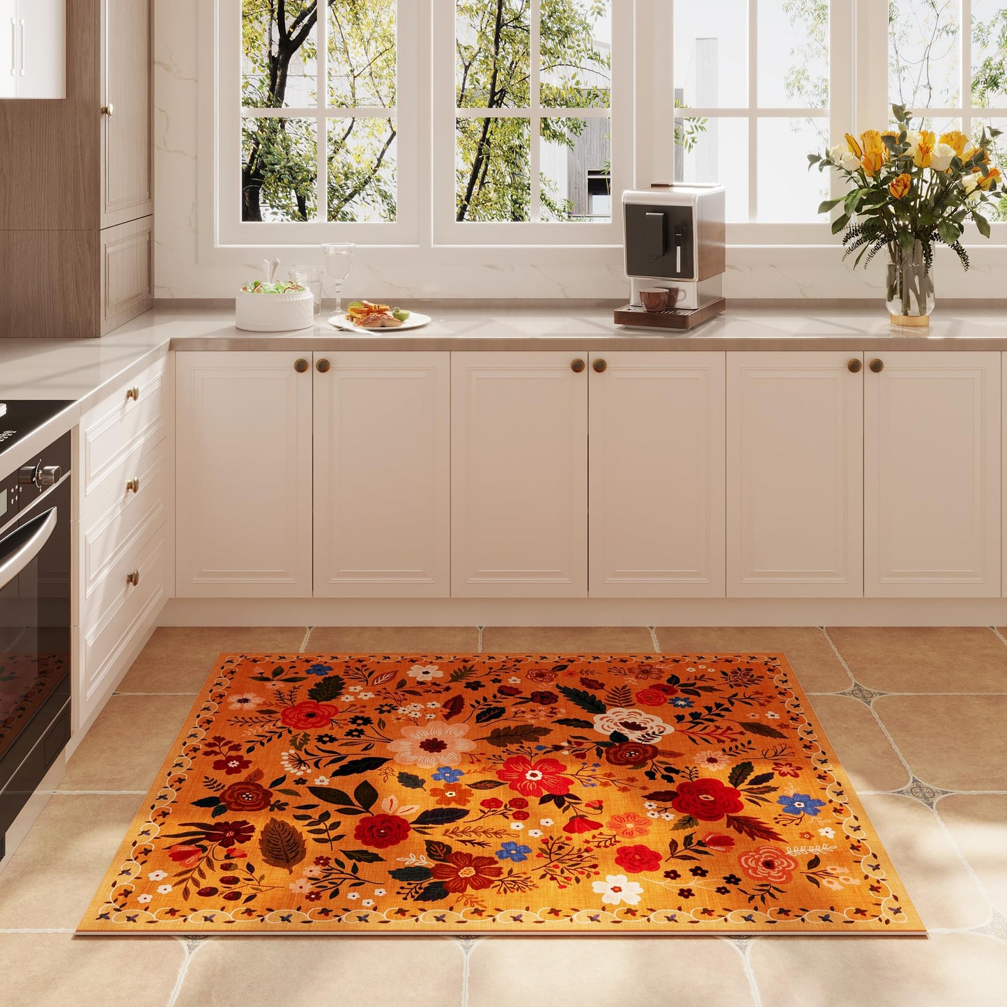 Rugcomf Door Mat Indoor Entrance 2x3 Rug Machine Washable Boho Floral Small Area Rug Non-Slip Low Pile Throw Rugs for Entryway, Kitchen, Front Door Indoor Entrance, Entry, Kids Room (Yellow)
