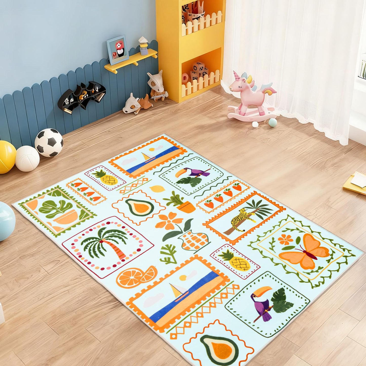 Instellar 5x7 Washable Kids Rug, Soft Low Pile Large Area Rugs with Non-Slip Plant & Animal Pattern Carpet for Nursery Bedroom Playroom Classroom Living Room,Light Blue
